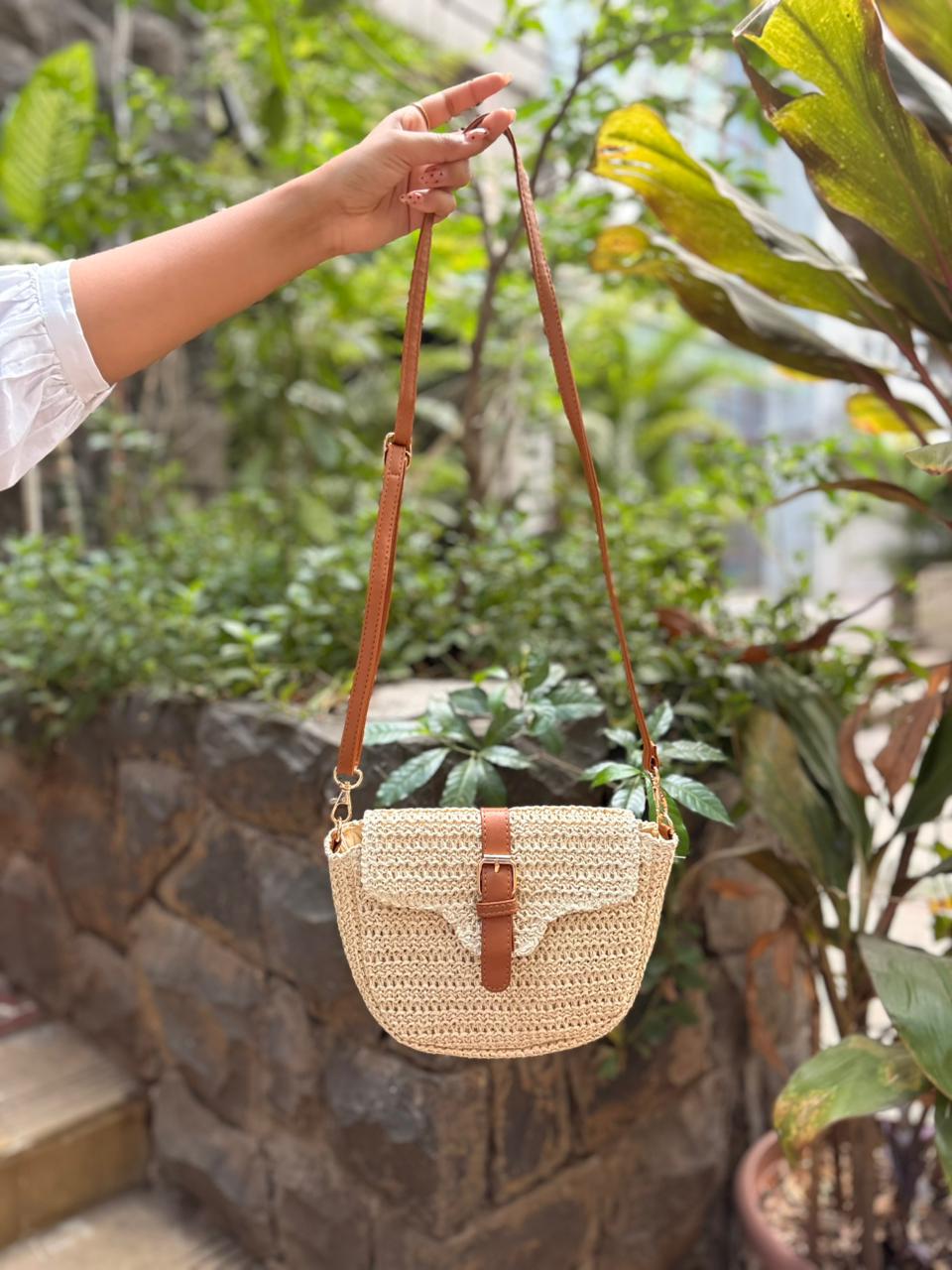 Beige Woven Crossbody Bag